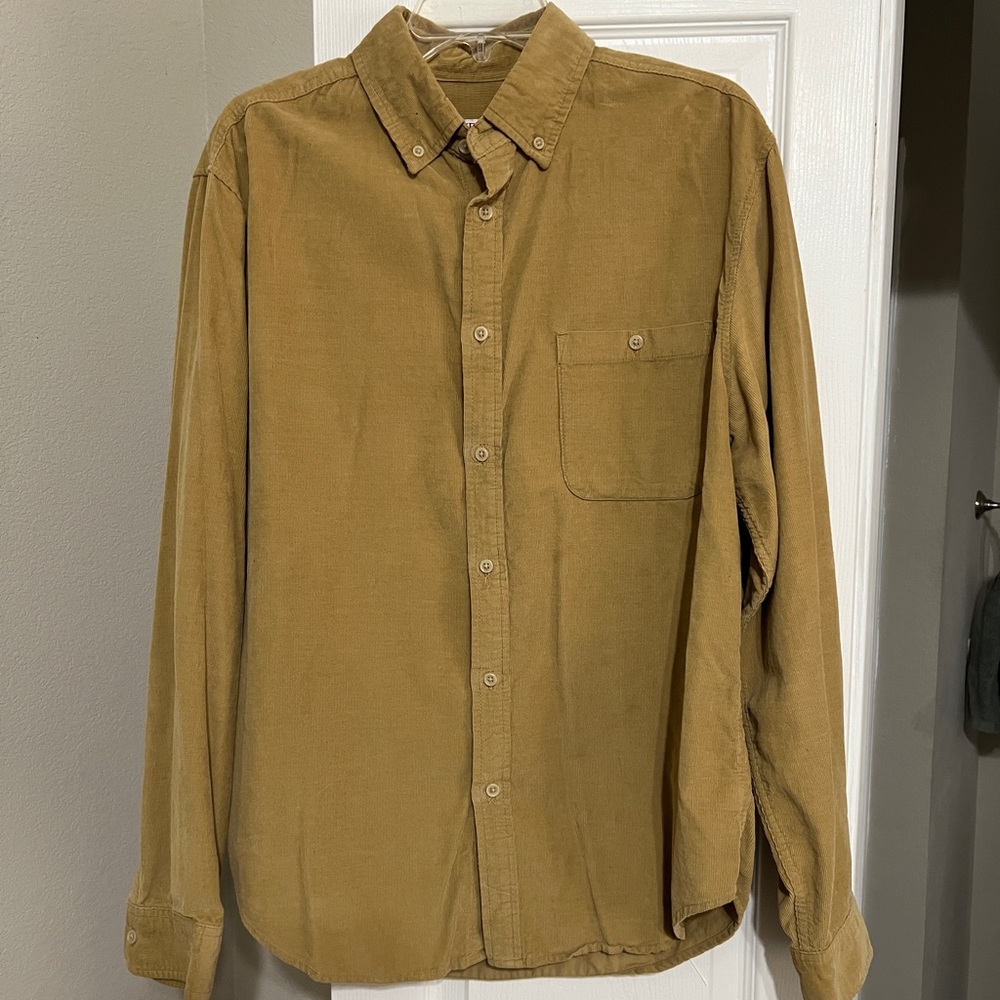 Men’s Tan Corduroy Long Sleeve Button-down Shirt, L
